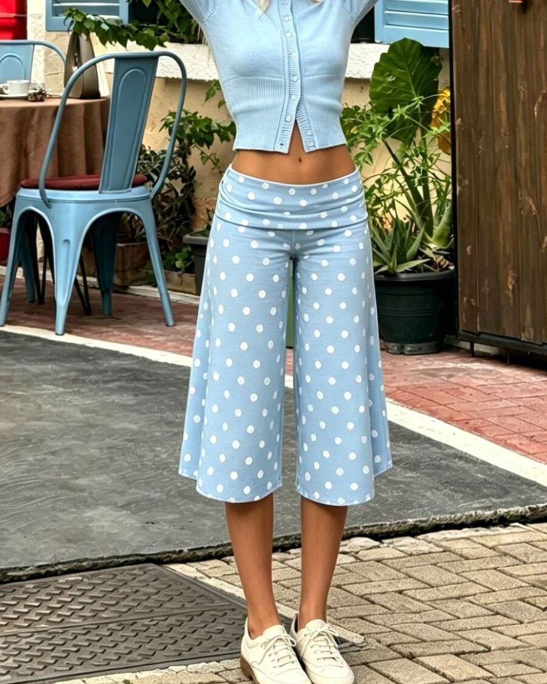Vyla™ White Polka Dot Fold-Over Waist Cropped Pants