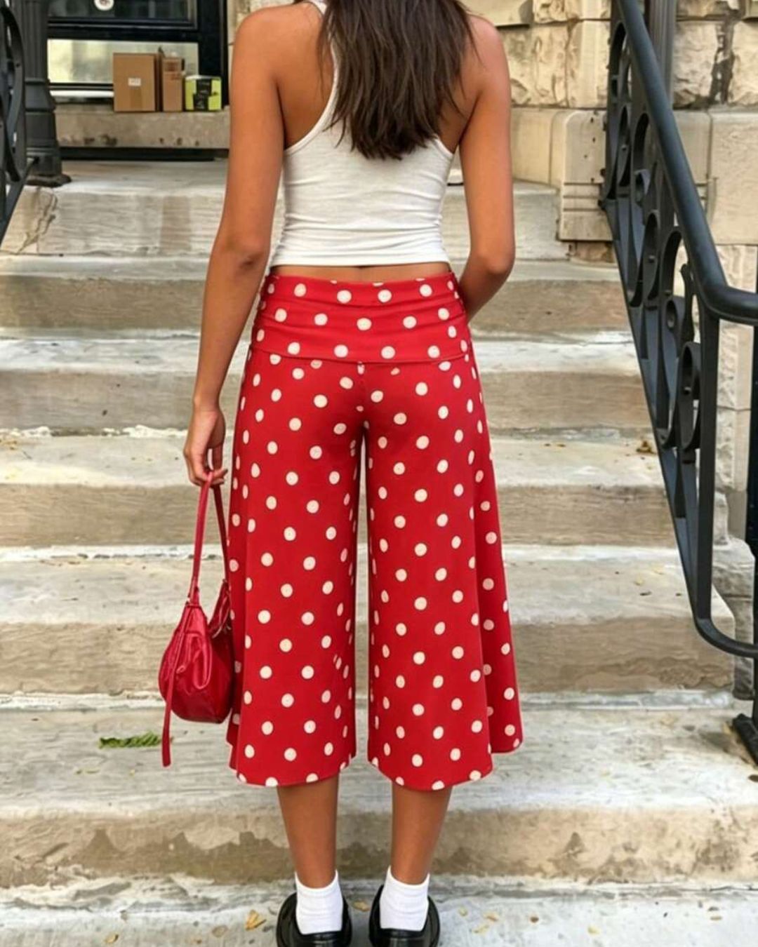 Vyla™ White Polka Dot Fold-Over Waist Cropped Pants