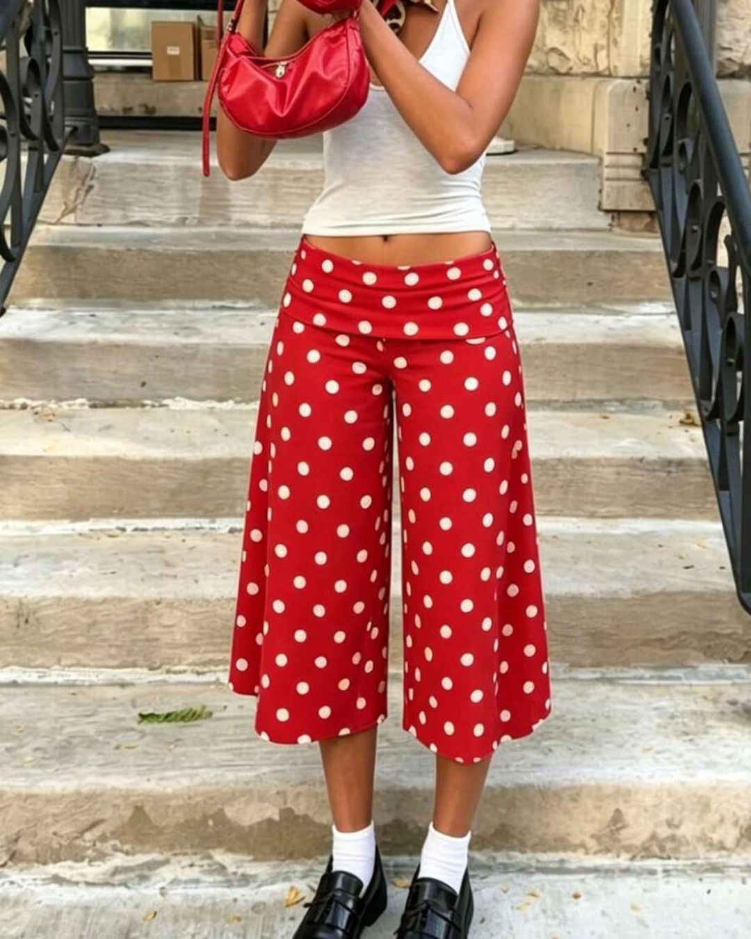 Vyla™ White Polka Dot Fold-Over Waist Cropped Pants