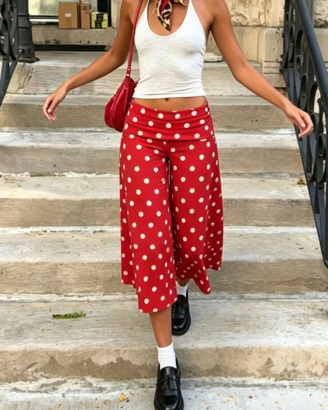Vyla™ White Polka Dot Fold-Over Waist Cropped Pants