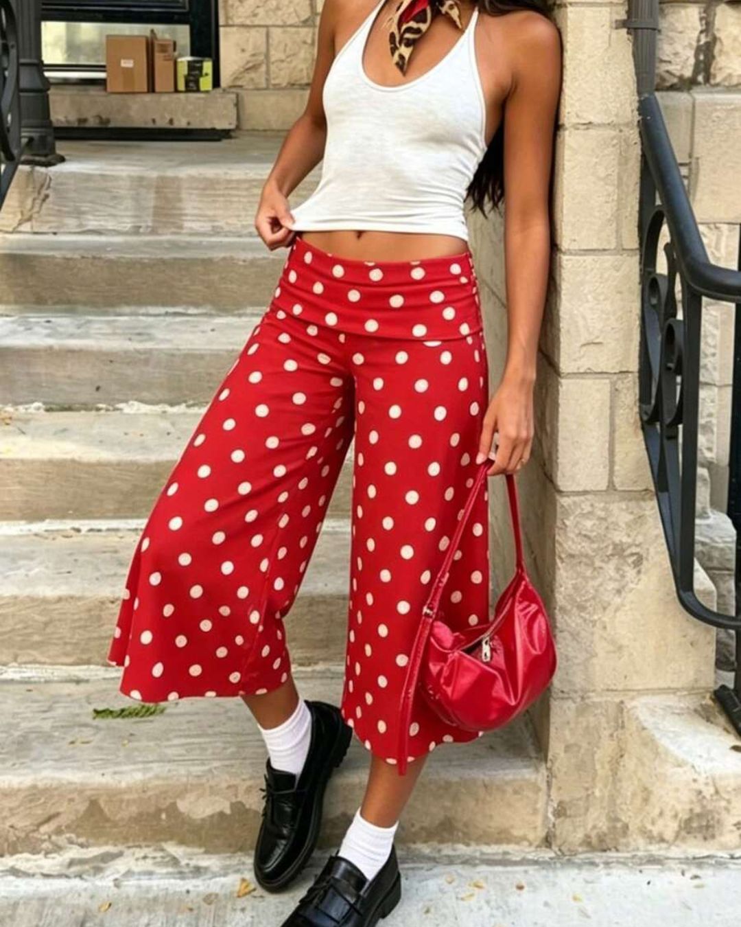 Vyla™ White Polka Dot Fold-Over Waist Cropped Pants