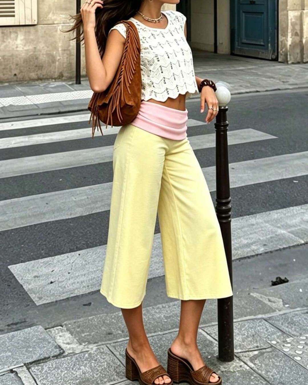 Vyla™ Contrast Fold-Over Waist Wide Leg Capri Pants