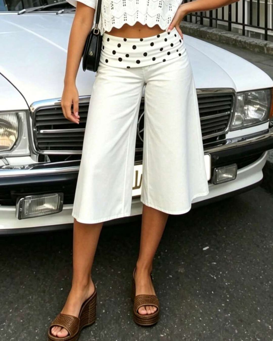 Vyla™ Contrast Fold-Over Waist Wide Leg Capri Pants