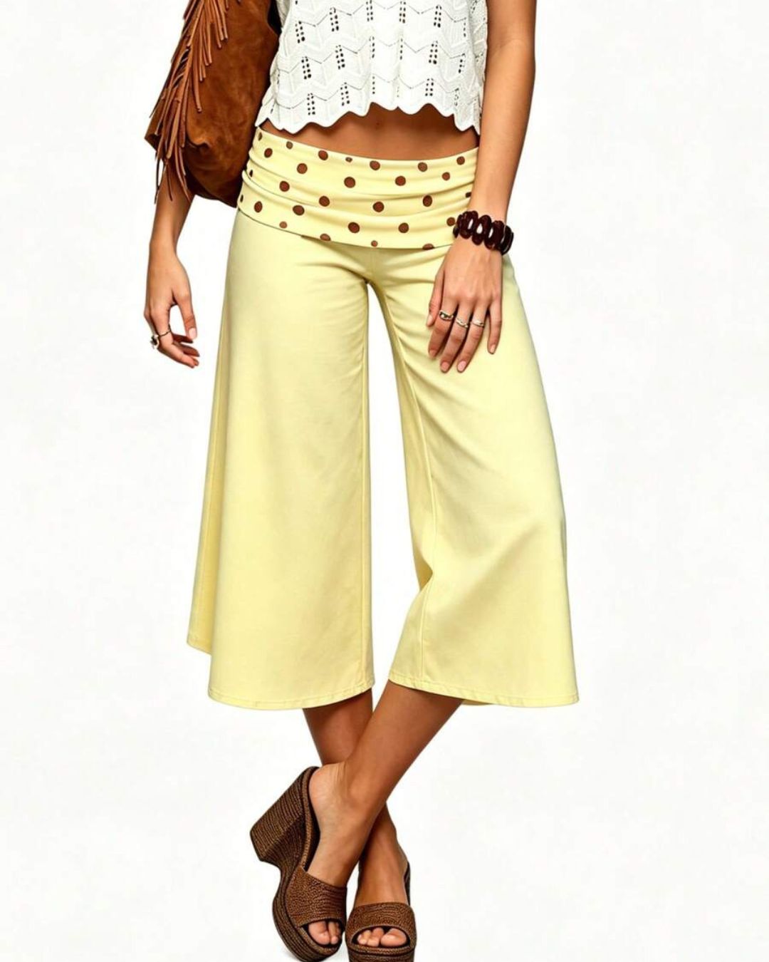 Vyla™ Contrast Fold-Over Waist Wide Leg Capri Pants