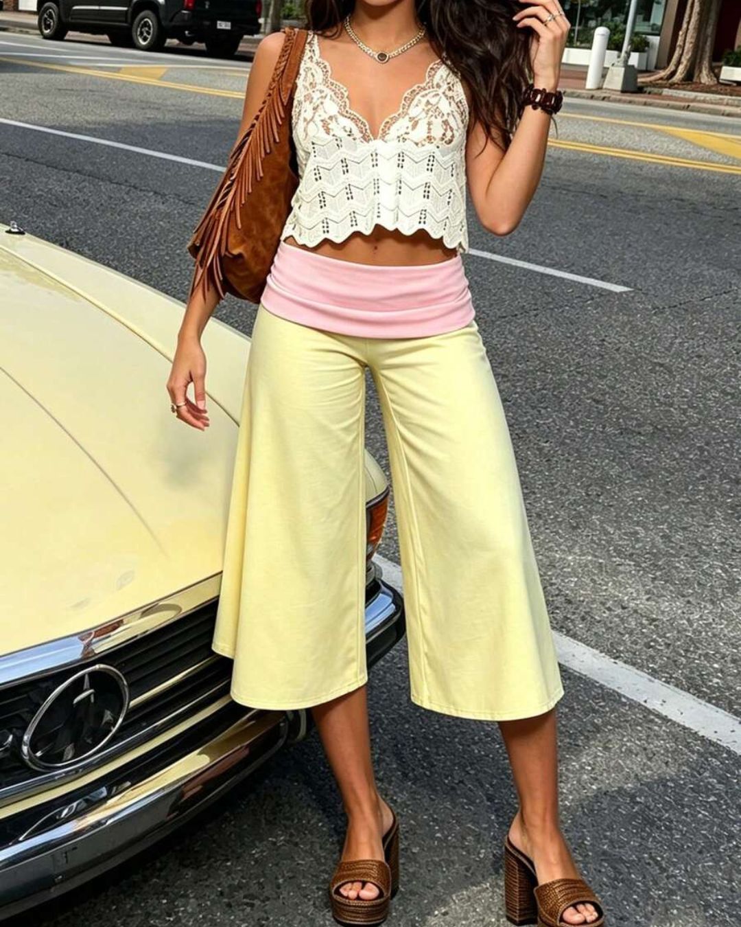 Vyla™ Contrast Fold-Over Waist Wide Leg Capri Pants