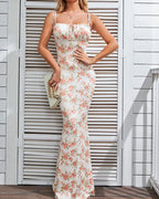 Vyla™ Romantic Floral Ruched Tie-Strap Maxi Dress