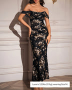 Vyla™ Floral Mesh Off-Shoulder Ruched Bodycon Maxi Dress