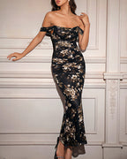 Vyla™ Floral Mesh Off-Shoulder Ruched Bodycon Maxi Dress