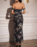 Vyla™ Floral Mesh Off-Shoulder Ruched Bodycon Maxi Dress