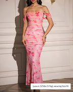 Vyla™ Floral Mesh Off-Shoulder Ruched Bodycon Maxi Dress