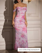 Vyla™ Floral Mesh Off-Shoulder Ruched Bodycon Maxi Dress