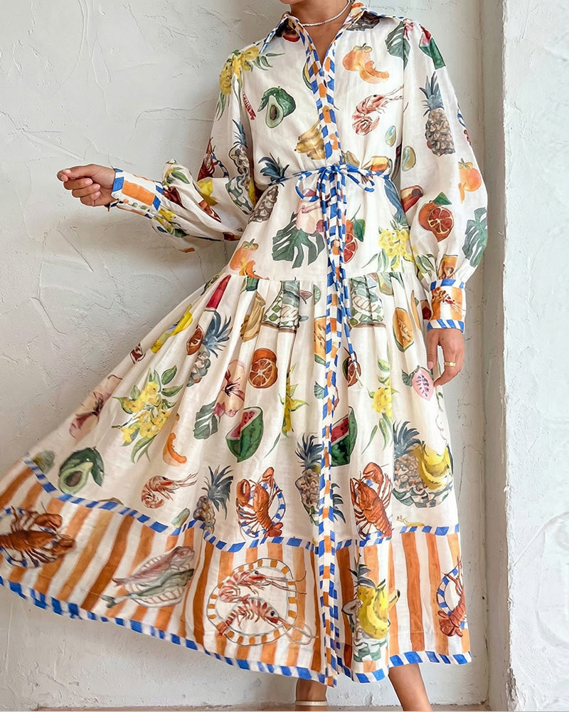 Vyla™ Coastal Print Lantern Sleeve Maxi Shirt Dress