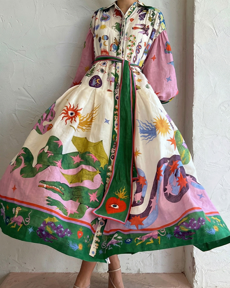 Vyla™ Coastal Print Lantern Sleeve Maxi Shirt Dress