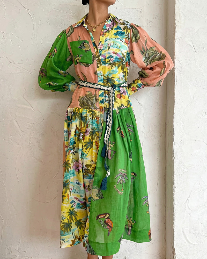 Vyla™ Coastal Print Lantern Sleeve Maxi Shirt Dress