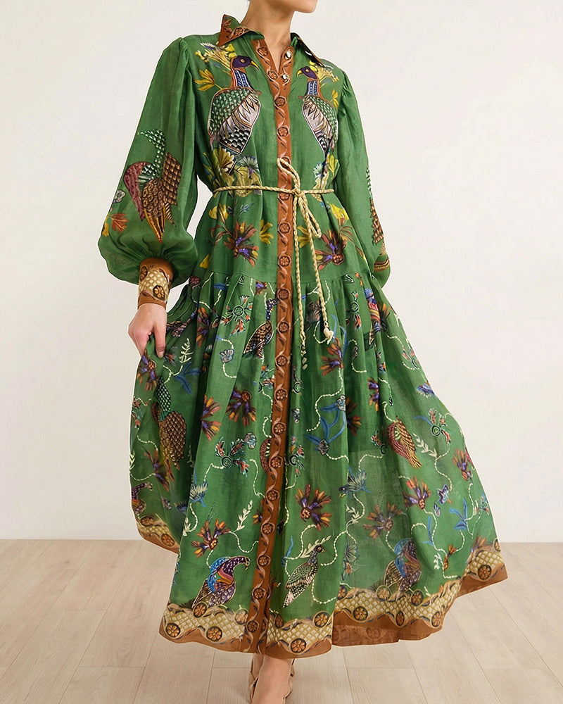 Vyla™ Coastal Print Lantern Sleeve Maxi Shirt Dress