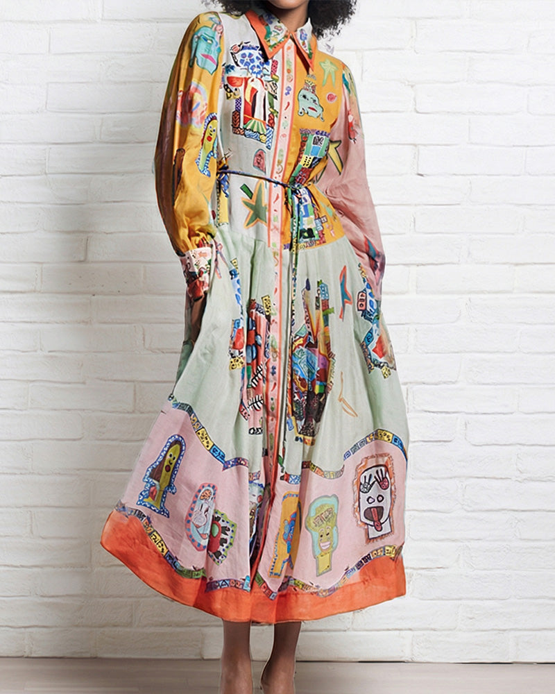 Vyla™ Coastal Print Lantern Sleeve Maxi Shirt Dress