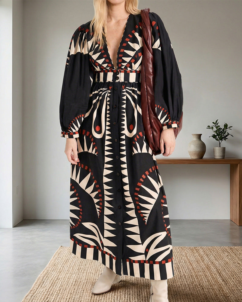Vyla™ Coastal Print Lantern Sleeve Maxi Shirt Dress