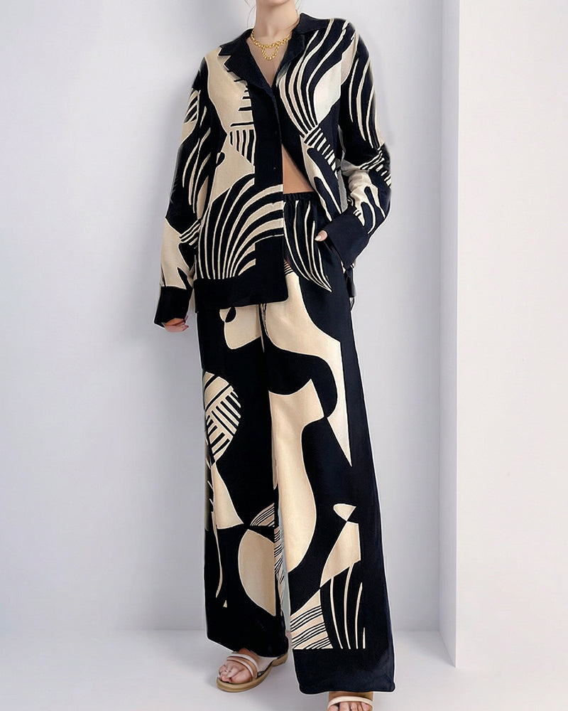 Vyla™ Artistic Graffiti Oversized Shirt & Wide-Leg Pant Set