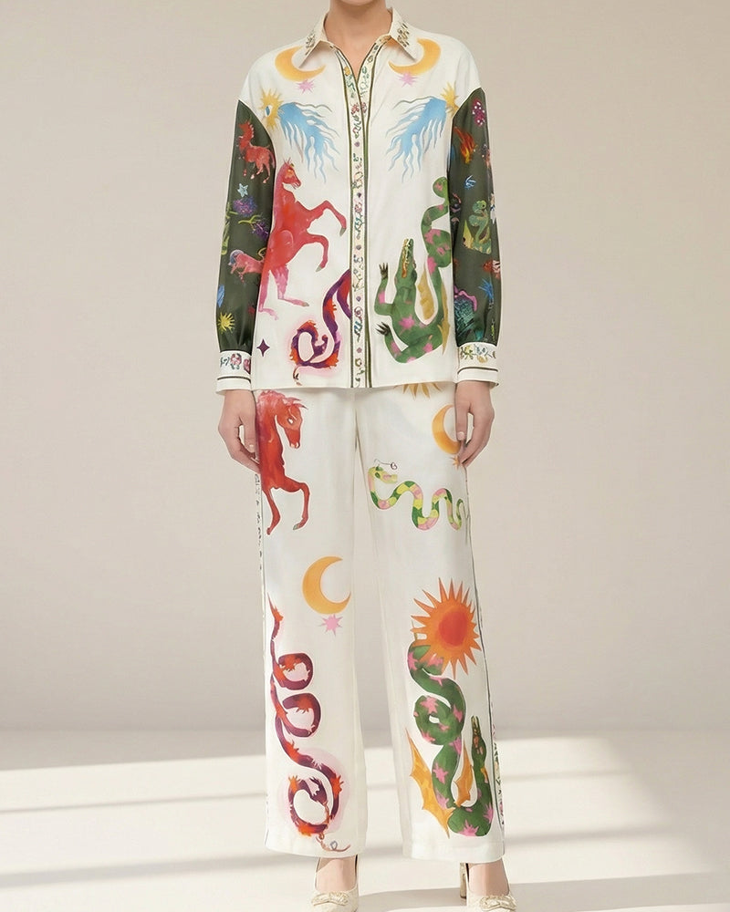 Vyla™ Artistic Graffiti Oversized Shirt & Wide-Leg Pant Set