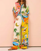 Vyla™ Artistic Graffiti Oversized Shirt & Wide-Leg Pant Set