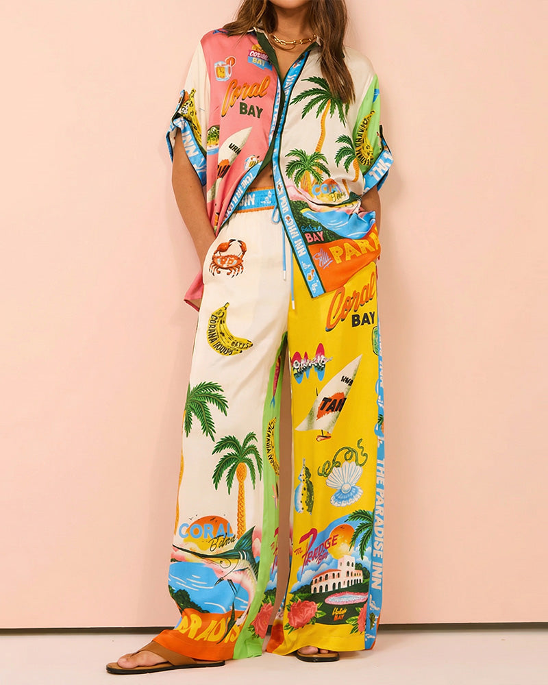Vyla™ Artistic Graffiti Oversized Shirt & Wide-Leg Pant Set