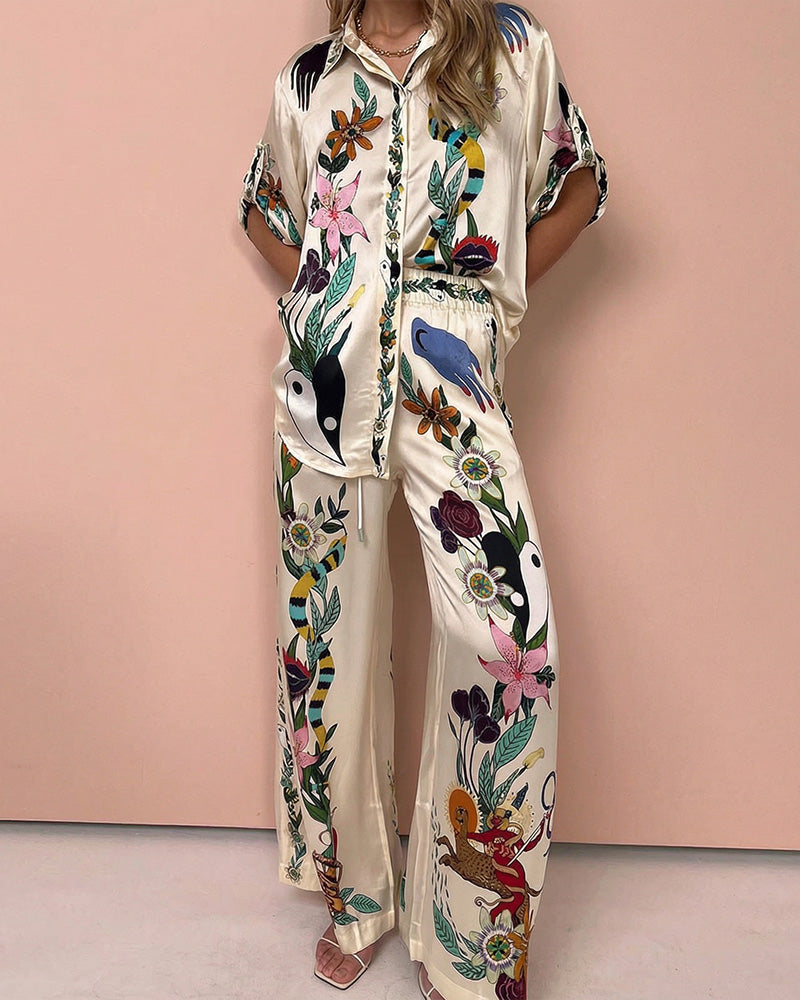Vyla™ Artistic Graffiti Oversized Shirt & Wide-Leg Pant Set