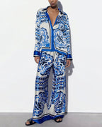 Vyla™ Artistic Graffiti Oversized Shirt & Wide-Leg Pant Set
