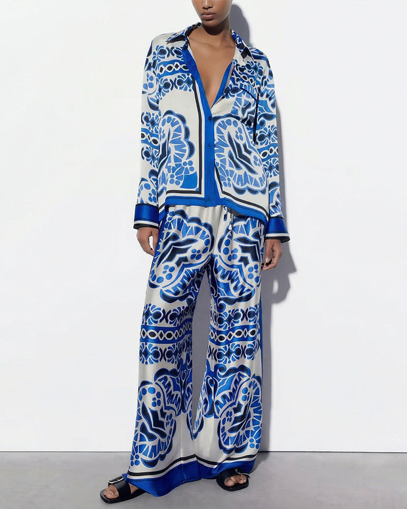 Vyla™ Artistic Graffiti Oversized Shirt & Wide-Leg Pant Set