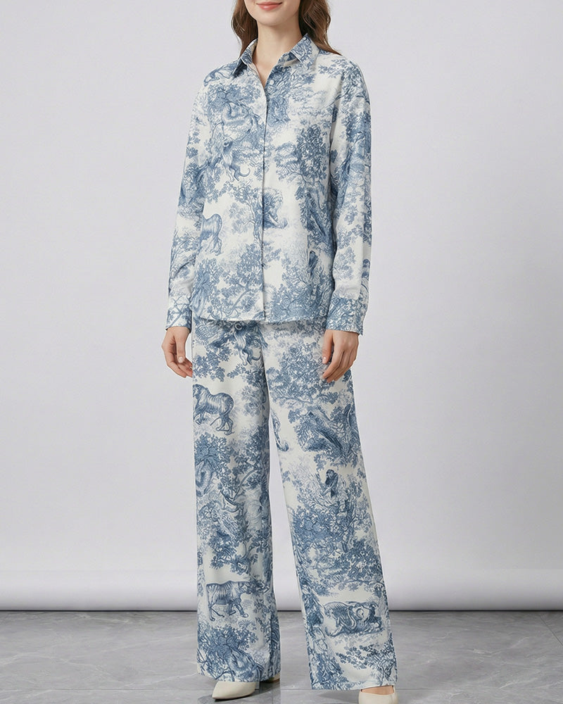 Vyla™ Artistic Graffiti Oversized Shirt & Wide-Leg Pant Set