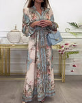 Vyla™ Baroque Floral Print V-Neck Long Sleeve Maxi Dress