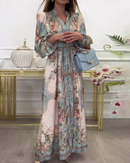 Vyla™ Baroque Floral Print V-Neck Long Sleeve Maxi Dress