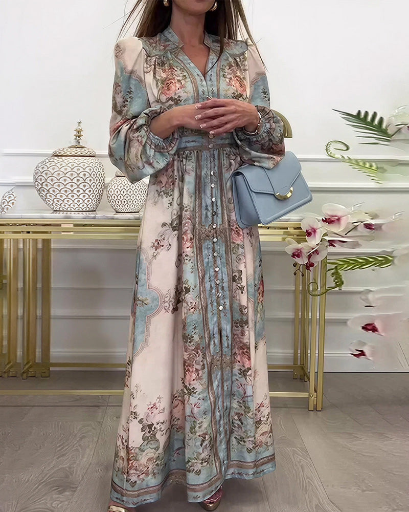 Vyla™ Baroque Floral Print V-Neck Long Sleeve Maxi Dress