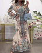 Vyla™ Baroque Floral Print V-Neck Long Sleeve Maxi Dress
