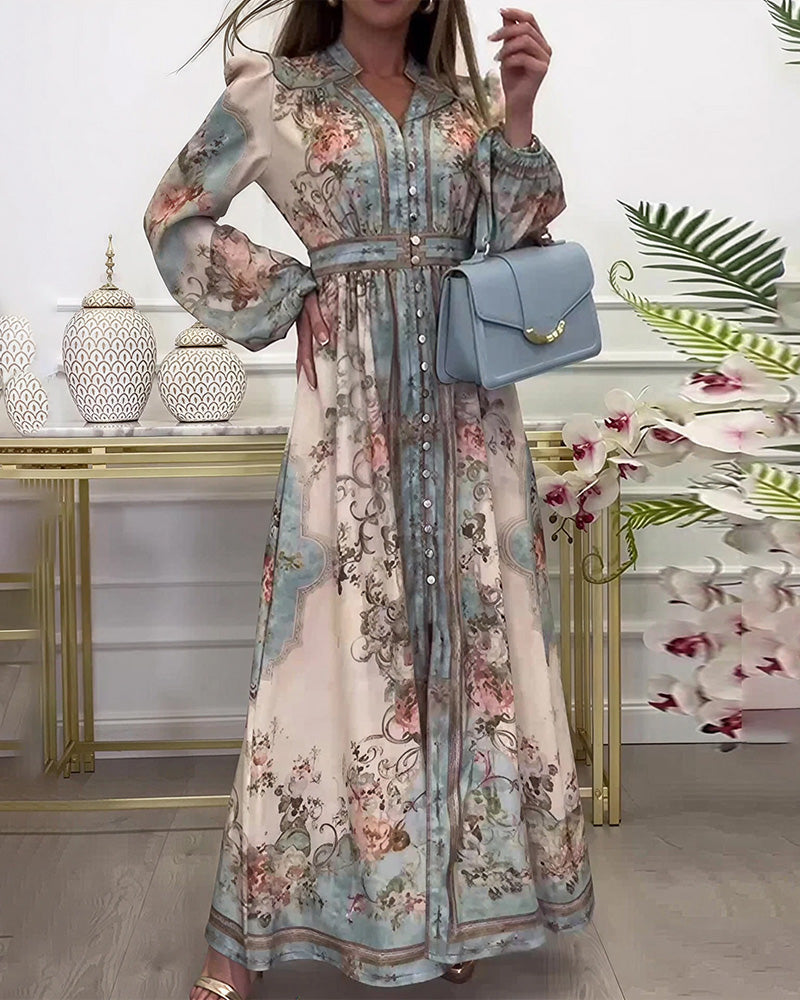 Vyla™ Baroque Floral Print V-Neck Long Sleeve Maxi Dress