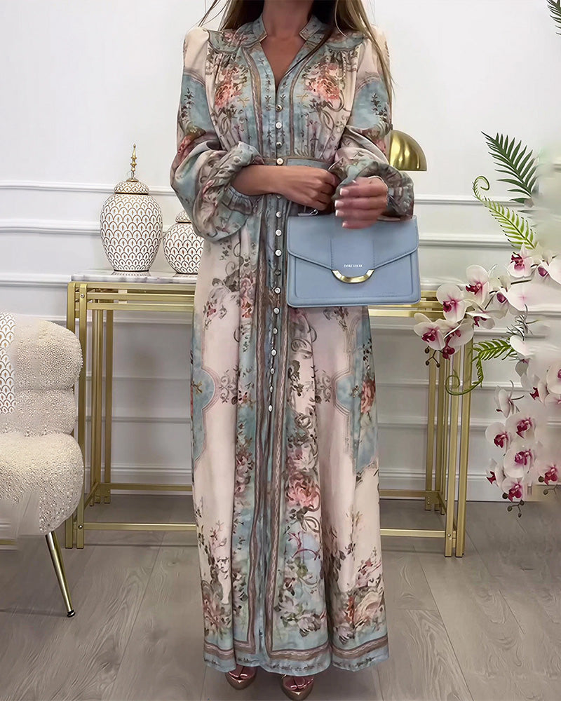 Vyla™ Baroque Floral Print V-Neck Long Sleeve Maxi Dress
