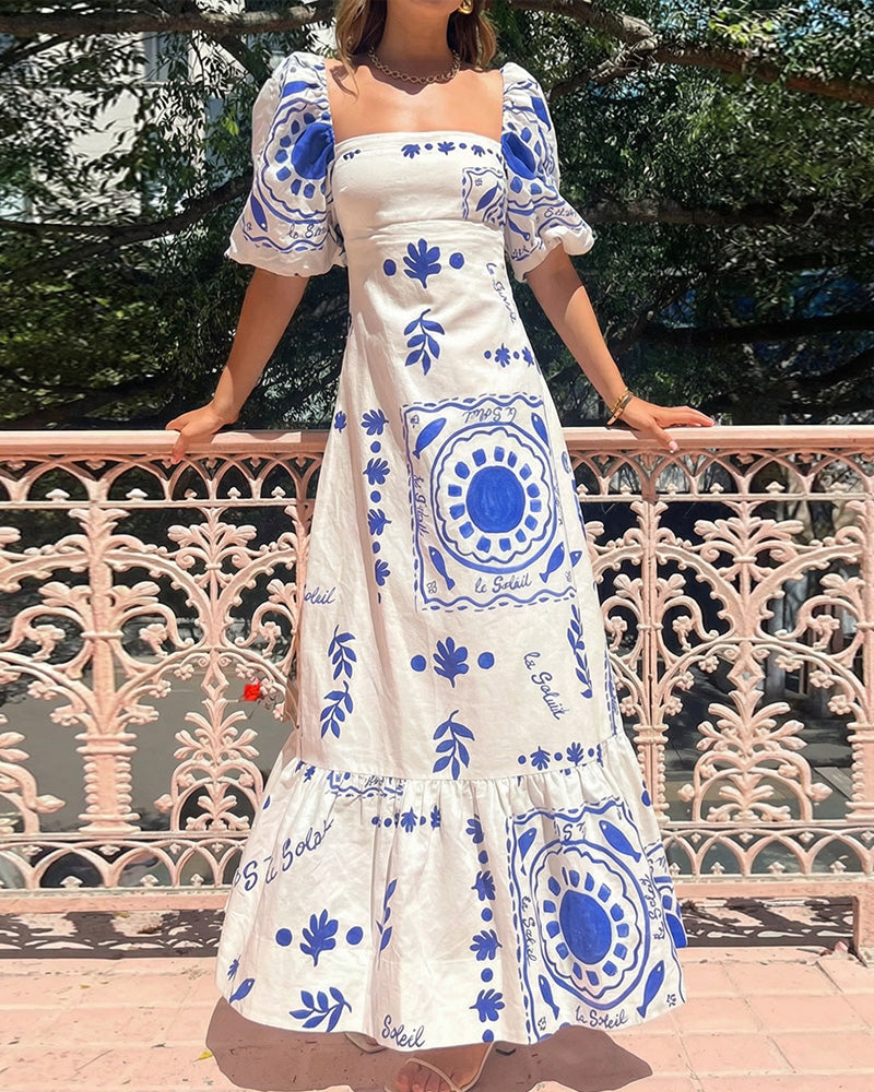 Vyla™ Square Neck Bubble Sleeve Long Dress