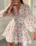 Vyla™ Deep V-Neck Lace Trim Floral Puff Sleeve Mini Dress