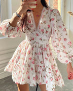 Vyla™ Deep V-Neck Lace Trim Floral Puff Sleeve Mini Dress