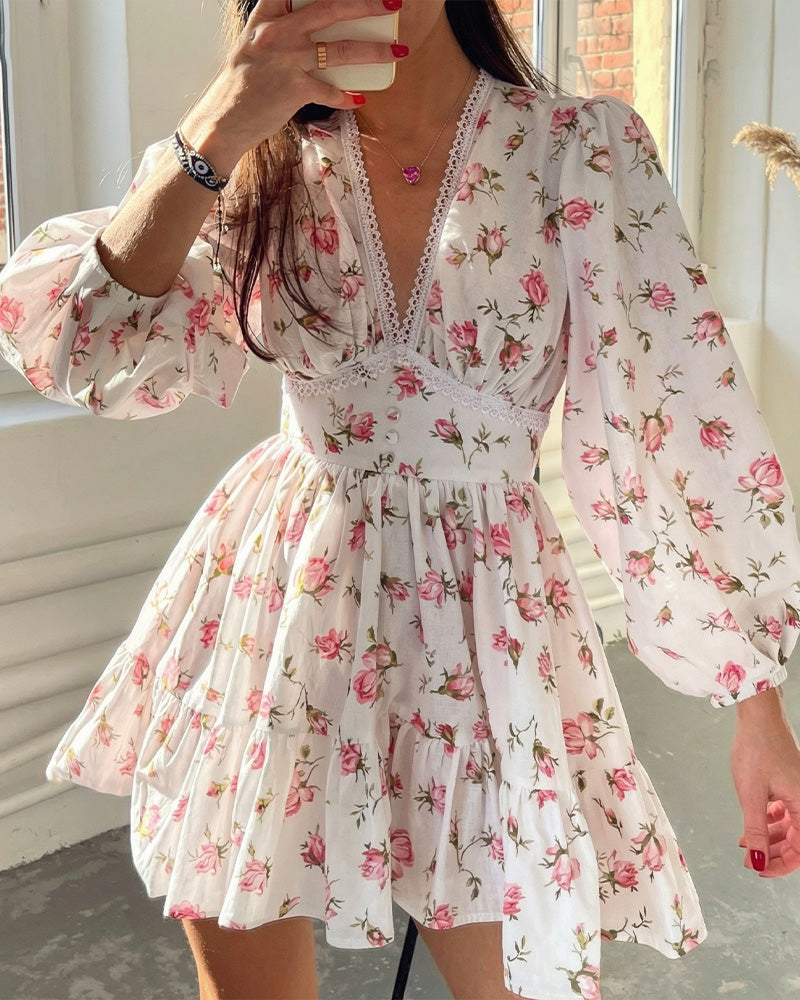 Vyla™ Deep V-Neck Lace Trim Floral Puff Sleeve Mini Dress