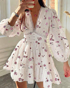 Vyla™ Deep V-Neck Lace Trim Floral Puff Sleeve Mini Dress