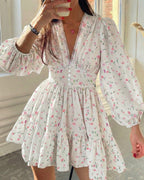 Vyla™ Deep V-Neck Lace Trim Floral Puff Sleeve Mini Dress
