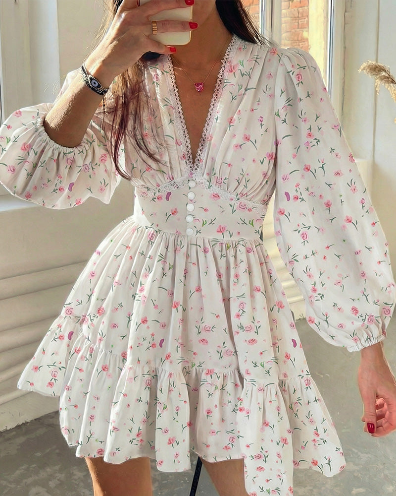 Vyla™ Deep V-Neck Lace Trim Floral Puff Sleeve Mini Dress