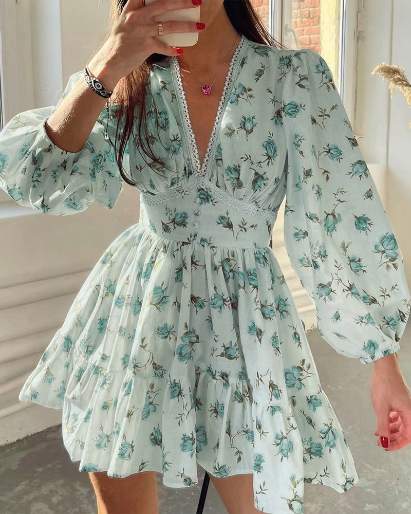 Vyla™ Deep V-Neck Lace Trim Floral Puff Sleeve Mini Dress