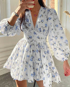 Vyla™ Deep V-Neck Lace Trim Floral Puff Sleeve Mini Dress