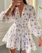 Vyla™ Deep V-Neck Lace Trim Floral Puff Sleeve Mini Dress