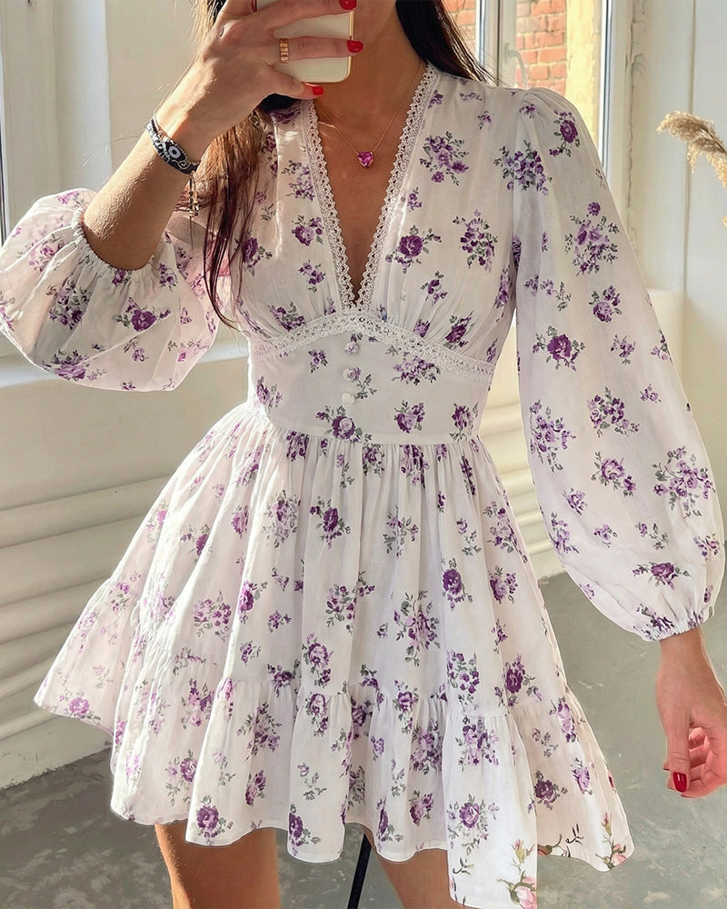Vyla™ Deep V-Neck Lace Trim Floral Puff Sleeve Mini Dress
