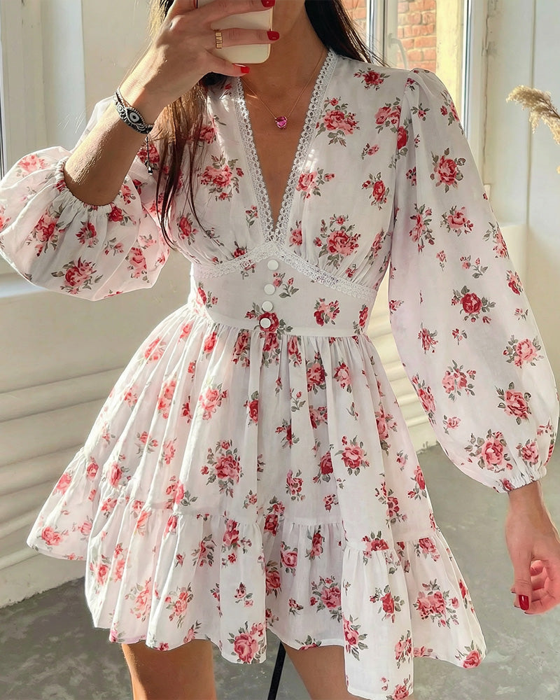 Vyla™ Deep V-Neck Lace Trim Floral Puff Sleeve Mini Dress