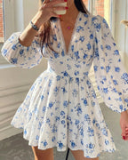 Vyla™ Deep V-Neck Lace Trim Floral Puff Sleeve Mini Dress
