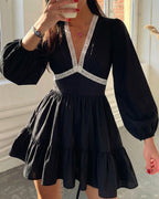 Vyla™ Deep V-Neck Lace Trim Floral Puff Sleeve Mini Dress