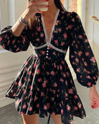 Vyla™ Deep V-Neck Lace Trim Floral Puff Sleeve Mini Dress
